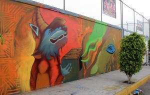 Mural "El Lobo y su caja mágica" de Miguel Angel Montaño "Poskeone", pintado para el "Meeting of Styles" 2012.
