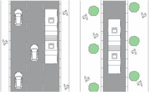 Antes (izquierda), Después (derecha) Foto: Plan Integral de Movilidad, Municipalidad de Santiago.